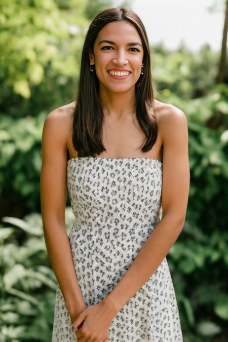 smiling alexandriaocasiocortez woman wearing a beautiful strapless floral print dress in a garden, sharp focus, natural lighting, film grain, modelshoot style, Intricate, High Detail, dramatic <lora:aoc-1.0:1>