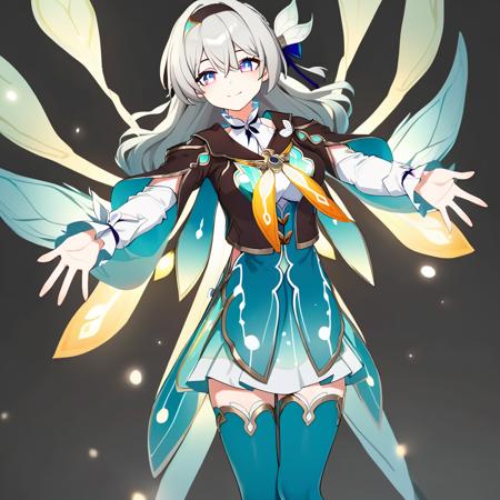 best quality, masterpiece,    <lora:firefly:1>,firefly \(honkai: star rail\), 1girl, solo, black background, simple background, full body, looking at viewer, outstretched arms, smile, closed mouth, skirt, dress, blue thighhighs, capelet, long sleeves, virtual youtuber, wings, open hands