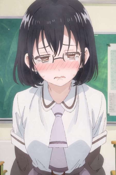 best quality, masterpiece, highres, solo, {kasumi_nomura_asobiasobase:1.15}, black_hair, glasses, short_hair, necktie, brown_eyes, 2girls, blush, crying, crying_with_eyes_open, multiple_girls, tears, long_hair, shirt, meme, school_uniform, wavy_mouth, white_shirt