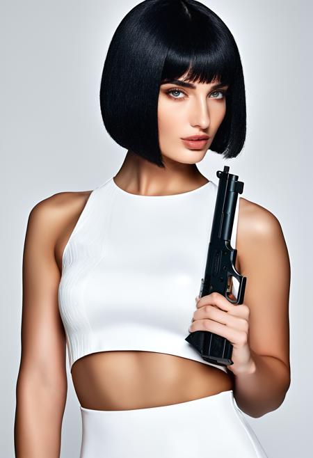 gnmxft 1girl solo realistic gun weapon holding gun, midriff, bob cut 24 year old, supermodel, very skinny, petite, hair, breasts, eyes, best quality, RAW photo, subject, 8k uhd, high quality, photorealistic, fair-skinned female, porcelain skin, plutocrat, exclusive, Stately, Stock photo, ostentatious, Textured background shot <lora:gnmxXLrd:1>