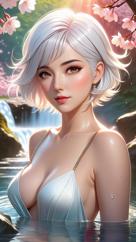 ((short parted down middle white hair)), solo, masterpiece, best quality, perfect face, ((anime style:1.3)), body shot of a shy european woman with short parted down the middle hair with no bangs, (white rainbow short hair:1.0), detailed face, detailed eyes, long lashes, adult, mature, (red eyes), (looking at another:1.2), (dynamic angle:1.3), beautiful detailed cloud, masterpiece, best quality, upper shot, close up, bathing under a water fall in the water, aqua watyer, water lillys and flowers, cherry blossoms, sunset,pointy ears, cleavage,(small breasts), (in forest:1.3), expressionless, middle breast, lens flare, shine, painting, showering under waterfall, looking back, ((nude:1.2)), ((sunset:1.3)), wet hairs, cartoon style