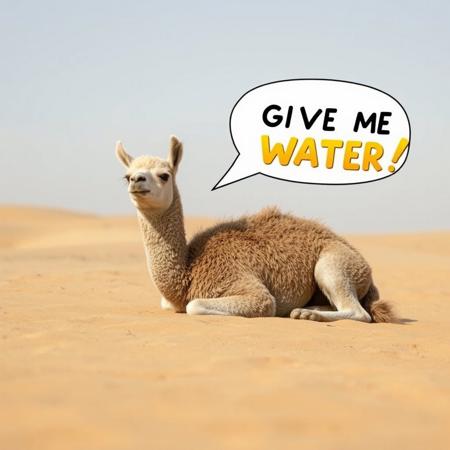 A lama in the desert is extremely thursty lying on the sand. "BUZZ TO GIVE ME WATER" is written in a word bubble coming out of him with the word Buzz in a yellow and gold font.