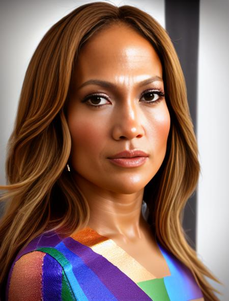 JenniferLopez, portrait,close up of a Compelling Woman, Potter, wearing Rainbow A-line dress and ballet flats with Milky Way details, spotlit, 35mm, Dichromatic,  <lora:JenniferLopezSD1.5:1>