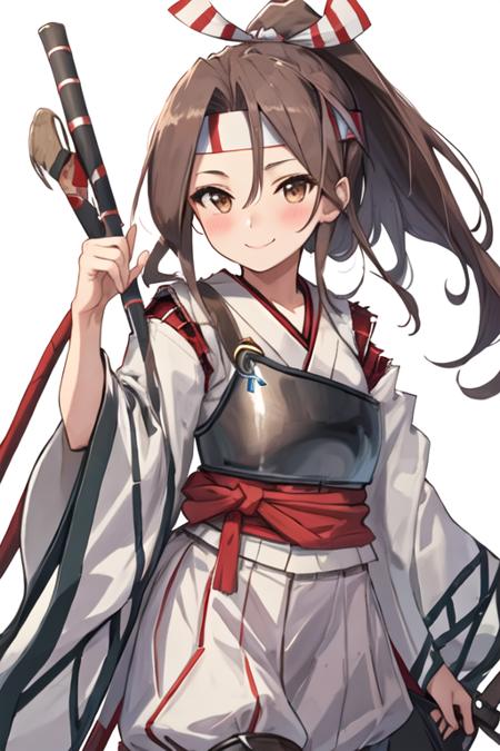 best quality, masterpiece, highres, solo, {zuihou_kantaicollection:1.15}, long_hair, brown_eyes, ponytail, brown_hair, headband, hachimaki, high_ponytail, smile, blush