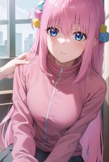 hitorigotou, <lora:hitorigotou-lora-nochekaiser:1>, 
hitori gotou, blue eyes, cube hair ornament, hair between eyes, hair ornament, pink hair, one side up, long hair,
BREAK black skirt, jacket, long sleeves, pants, pants under skirt, (pink jacket:1.5), pink pants, pleated skirt, skirt, track jacket, track pants, track suit,
BREAK indoors, classroom,
BREAK looking at viewer, (cowboy shot:1.5),
BREAK <lyco:GoodHands-beta2:1>, (masterpiece:1.2), best quality, high resolution, unity 8k wallpaper, (illustration:0.8), (beautiful detailed eyes:1.6), extremely detailed face, perfect lighting, extremely detailed CG, (perfect hands, perfect anatomy),