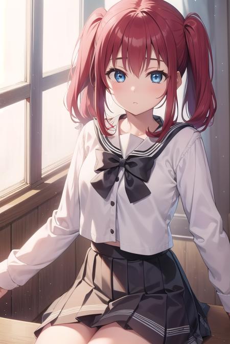 rubykurosawa, <lora:rubykurosawa-lora-nochekaiser:1>, 
ruby kurosawa, aqua eyes, medium hair, red hair, two side up, twintails, (flat chest:1.2), 
BREAK black socks, bow, bowtie, brown footwear, buttons, grey sailor collar, grey skirt, loafers, long sleeves, miniskirt, pleated skirt, sailor collar, school uniform, serafuku, shirt, shoes, skirt, uranohoshi school uniform, white shirt, winter uniform, yellow bow, yellow bowtie,
BREAK looking at viewer, 
BREAK indoors, classroom, 
BREAK <lyco:GoodHands-beta2:1>, (masterpiece:1.2), best quality, high resolution, unity 8k wallpaper, (illustration:0.8), (beautiful detailed eyes:1.6), extremely detailed face, perfect lighting, extremely detailed CG, (perfect hands, perfect anatomy),