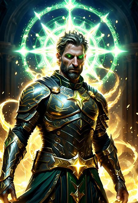 Create an epic action scene featuring a 30yo Cleric of Ao in full plate armor, his short black military hair tousled from battle, white skin glowing with divine power, and piercing light green eyes focused with unwavering faith. He stands invoking the might of Ao, arms raised as radiant energy surges from him. His light short blonde beard frames a stern expression as he channels the Overgod’s power, with holy symbols spinning around him in a brilliant display.
Behind him, the massive, translucent figure of Ao towers, a majestic, cosmic presence radiating supreme authority. Ao’s form pulses with divine energy, his watchful gaze and sheer size evoking awe. The cleric’s armor, etched with golden and with holy runes, gleams in the radiant light as the earth trembles beneath him, a testament to the overwhelming force of Ao’s presence.
The Divine power goes through the priest with holy spells and cause fear in his enemies
The background is filled with blue and golden  flashes of light and hints of an ongoing battle, but the focus remains on the Cleric and the divine aura surrounding him, creating an epic moment of celestial interventionRutkowski,artstation,deviantart,FAN ART,Unreal Engine,face enhance,8K,golden ratio,cinematic lighting <lora:add-detail-xl:0.7>, <lora:xl_more_art-full_v1:0.7>
