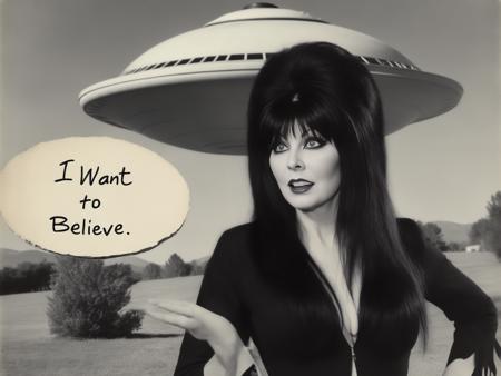 (elvira:1.5) is standing in front of a realistic flying saucer sighting, old photo, 1940s, film grain, bad quality, poor photo quality, village, polaroid, vintage, monochrome, (handwritten text on photo: "I WANT TO BELIEVE":1.5)