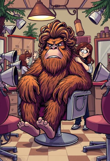"Bigfoot sits patiently in a hair salon chair, surrounded by the hum of hair dryers and the chatter of stylists. A stylist, unfazed by the giant creature's presence, works to give Bigfoot a perm, carefully wrapping its shaggy locks around curlers. The salon's decor is a kitschy mix of forest-inspired accents and retro styling equipment, adding to the absurdity of the scene. Bigfoot's expression is a mix of relaxation and trepidation, as it awaits the transformation of its unruly mane into a perfectly coiffed 'do. Style: humorous, playful, and detailed, with a focus on capturing the surreal juxtaposition of Bigfoot in a hair salon."