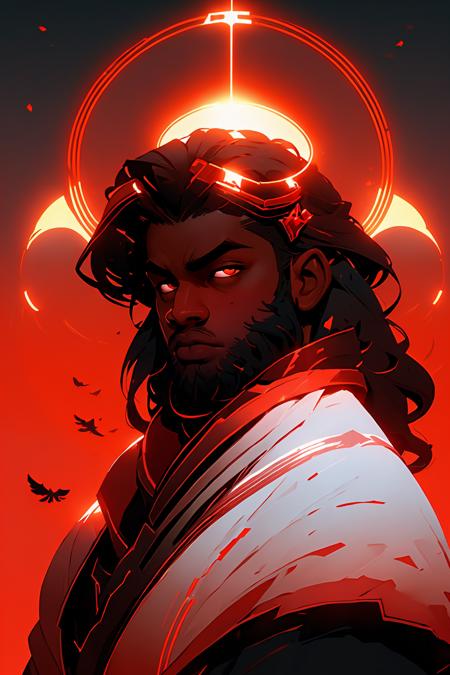 (red theme, red gradient,:1.2) redshift,red, solo, long hair, looking at viewer, black hair, red eyes, 1boy, upper body, male focus, wings, dark skin, glowing, facial hair, halo, dark-skinned male, glowing eyes, beard, circlet <lora:redshift-10:1>