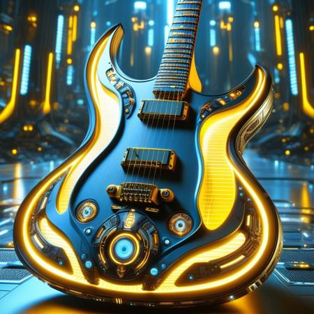 DonMX3n0T3chXL, a futuristic guitar, masterpiece, best quality, highly detailed, sharp focus, dynamic lighting