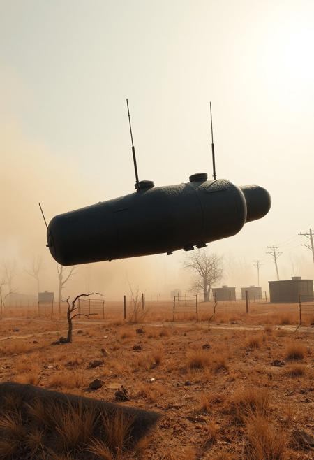 A small personal spacecraft for one person, cylindrical in shape, (flat black) extremely rough textured exterior surface, short antennas, flying low to the ground, dead trees, dry brown grass, low fences and small cinderblock buildings, high sun, bleached colors, dust blowing, lifeless surroundings
