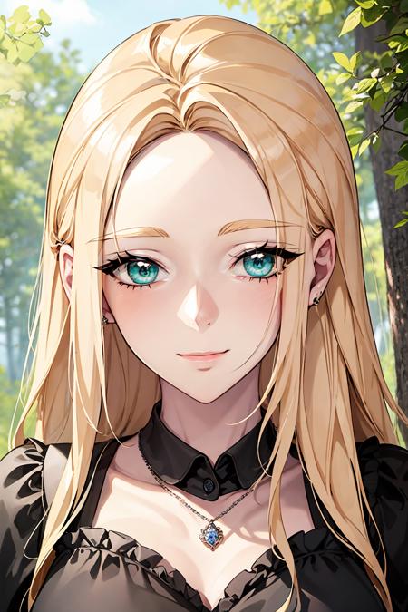 best quality, masterpiece, portrait, close-up, evonne deluah, aqua eyes, blonde hair, very long hair, forehead, hair intakes, sidelocks, large breasts, straight hair, frilled dress, necklace, smile, closed mouth, looking at viewer, outdoors, forest, park,
 <lora:Kizuki - Wished You Were Dead - Evonne Deluah:0.9>