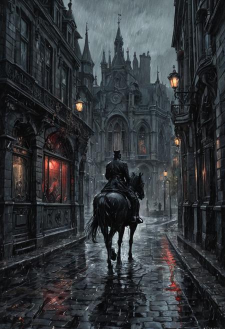 AquarelleIV. The dark night streets of a Victorian European city. It's raining hard, water streams on the cobblestone sidewalk and some leaves are as scarlet as blood. The architecture is a mixture of Gothic and Art Nouveau, with black and gray colors predominating. The view through the eyes of a mounted rider. Very dark and gloomy. The style is dark fantasy.