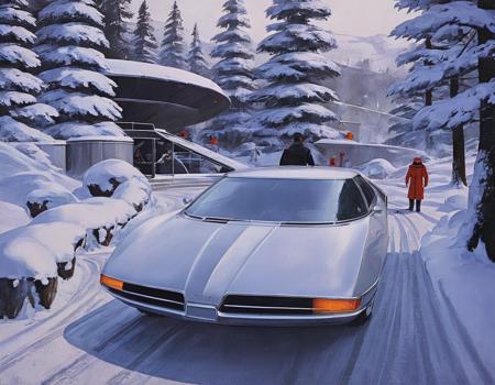 <lora:syme:0.6>syme, retrofuturistic car, people, snow, trees