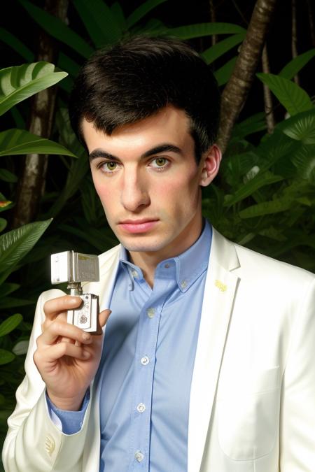 raw photo of a young man, extreme close up, in a stunning oversized white suit, baggy white suit, (confused), holding a key, in a jungle paradise, 8k uhd, fujifilm xt3