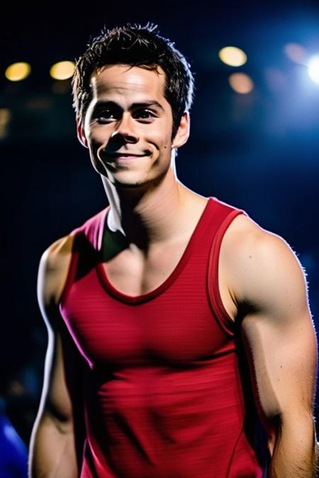 Dylan O'Brien a man <lora:Dylan-O-Brien:0.8>, realistic photo in a worn ((skin-revealing skimpy erotic red tracksuit, massive hairy pecs)), big pecs, big arms, bulge, VPL, ((light bokeh)), intricate, (steel metal [rust]), elegant, erotic, exuding sexual energy, homoerotic, sharp focus, photo by greg rutkowski, soft lighting, vibrant colors, (masterpiece), ((streets)), (detailed face), looking at viewer, light smile, night, walking towards viewer, cinematic lighting, beautiful lighting, cinematic lighting, (hazy filter, film grain:1.2)