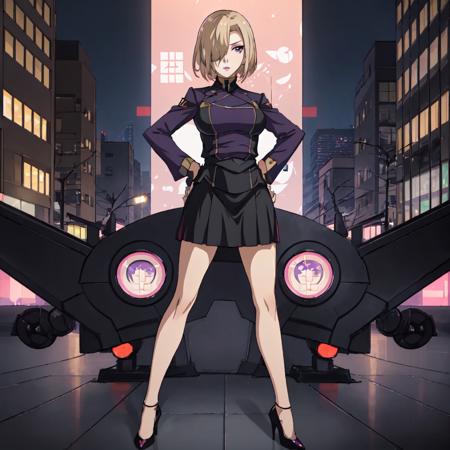 Rin_Suzukaze, 1girl, solo, short hair, purple eyes, blonde hair, hair over one eye, uniform, military uniform, makeup, lipstick, pink lips, high heels, black shoes,black skirt,bare legs,pencil skirt