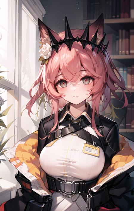 (upper_body), vendela_(arknights), 1girl, solo, petite, light_smile, blush, closed_mouth, bright_pupils, (red_pupils), light_brown_hair, short_hair, animal_ear, fox_ears, hair_flower, hair_ornament, (crown), ((rose)),  thorns, white_dress, black_coat, coat, jacket, black_jacket, black_sleeves, long_sleeves, (off_shoulder), id_card, pouch, (cropped_jacket), chest_belt, belt, white_collar, large_breasts, indoors, sunshine, window_shade, library, bookshelf, standing, ((masterpiece)), (highres), (best_quality), (highly_detailed),  (original),(Delicate background),(extremely detailed 8K wallpaper),cinematic lighting, volume lighting, light particles, glowing_eyes, beautiful_detailed_eyes, depth_of_field, perspective,<lora:vendela3:0.8:lbw=char> ,<lora:ç¥ç§lora K:0.6>