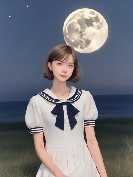 masterpiece, best quality, moon, sky, girl, short hair, light blush, green eyes, small breasts, Sailor dress, loose socks, mary_janes, <lora:sl_lye:1>