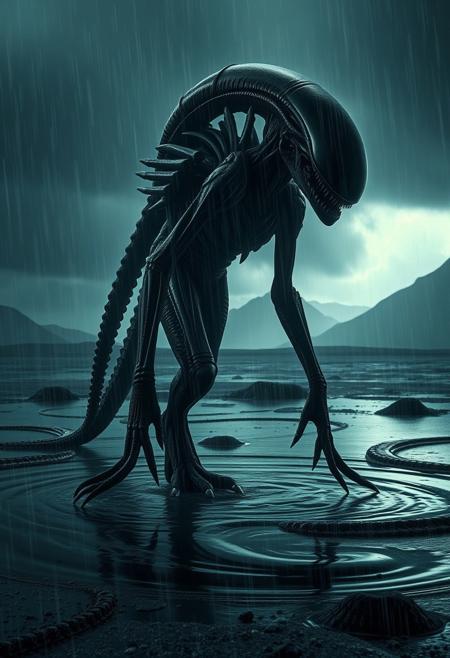 A haunting, cinematic horror image of a Xenomorph standing in a flooded alien valley, rain cascading down its exoskeletal frame as deep rumbles of thunder shake the distant mountains. Pools of thick, tar-like liquid swirl around its clawed feet, reflecting brief flashes of light that catch the sleek ridges of its elongated skull. It tilts its head slightly, sensing something beyond the storm.