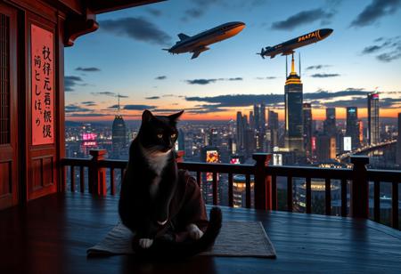 The Setting is a A black cat with a white neck and white feet is curled up in the lap of a meditating Zen Monk, the the monk is meditating at the front on a raised platform in a Zen Buddhist temple made of rich dark woods,  The temple is open and overlooking a futuristic cyberpunk city at dusk in a scene that is both futuristic and traditional Japanese aesthetic, The futuristic cyberpunk skyline with skyscrapers and airships displaying advertisements in Japanese and English,