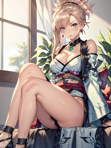 MusashiBerserker Necklace, swept bangs, white kimono, sheath,bare shoulders, thihgs,blonde hair,wide sleeves, magatama necklace, black thighighs,obi detached sleeves,hair ornament, long hair, sash, asymetrical hair, pink hair,,kimono, earrings,jewelry, cleavage, blue eyes, ponytail,japanese clothes