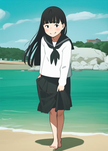 1girl, medium hair, black hair, blunt bangs, standing, serafuku, black serafuku, black skirt, barefoot, full body, outdoors, light smile, beach, <lora:CoLOv5t_fp32:1>