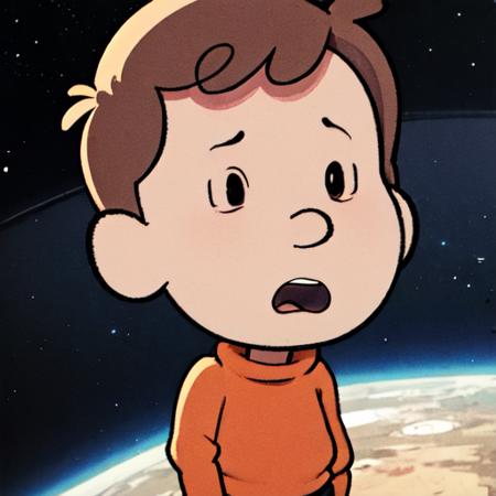 David_Hilda, 1boy, solo, short hair, brown hair, Knitted eyes, male child, sweater, orange sweater, shorts, black shorts, socks, sneakers, standing, cartoonized, 