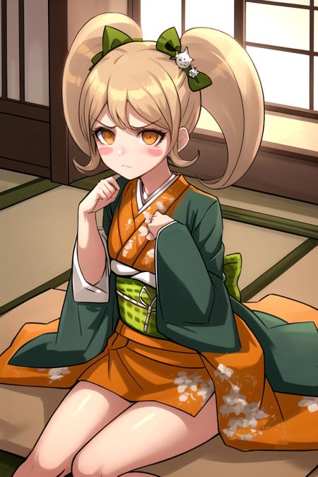 masterpiece, best quality, highres,  <lora:HiyokoDGv3:1>, 1girl, solo, cat hair ornament, blush stickers, japanese clothes, kimono, hair ornament, bow, hair bow, obi, orange kimono, sash, long sleeves, wide sleeves, green bow, cowboy shot, indoors, frowns, on knees, sitting on knees, petite,