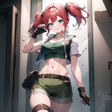 (masterpiece, best quality:1.2),illustration,medium breasts,8k,hd,1girl,solo,twintails,shorts,midriff,navel,crop top,smile,belt,jacket,short shorts,tank top,green eyes,pink hair,vest,gloves,green shirt,knee pads,pouch,boots,hip vent,brown footwear,socks,open clothes,<lora:Nadia Cassel>,