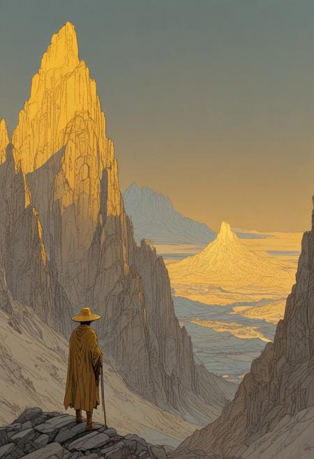 <lora:Moebius_Diffusion.safetensors:1.0>, A dramatic mountain range with jagged peaks and a distant ancient temple glowing with amber light, a shadowy tall figure with a large hat standing near the peak, grey and glowing gold, the glowing temple peaks, in the style of Jean Giraud, in the style of Moebius,