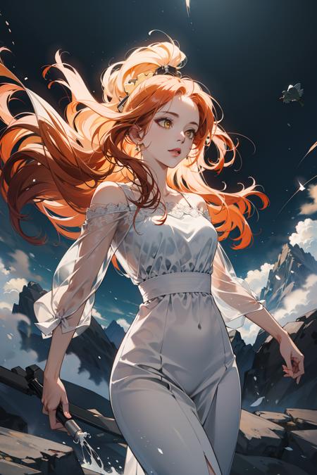 (absurdres, highres, ultra detailed), 1girl, mature female, wavy hair, long orange hair, yellow eyes, white long dress, long sleeves, finely detailed eyes and detailed face, intricate details, BREAK , long exposure, motion blur, fluid movement, ethereal atmosphere, dreamy trails, dynamic energy, time-lapse effect BREAK , paint splatter, expressive drips, random patterns, energetic movement, bold colors, dynamic texture, spontaneous creativity BREAK , majestic peaks, rugged terrain, panoramic vistas, alpine beauty, outdoor adventure, breathtaking heights, (cowboy shot:1.3)