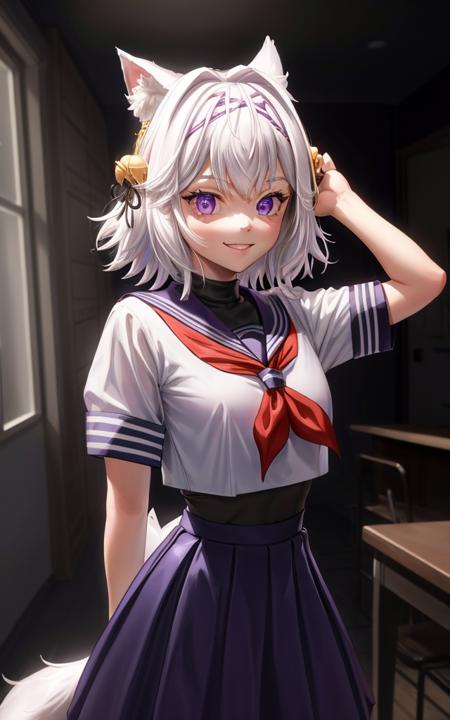 dramatic lighting, bloom, filian, 1girl, solo, purple eyes, white hair, short hair, animal ears, hair bell, hairband, school uniform, blue skirt, tail, smile, arms behind back, looking at viewer