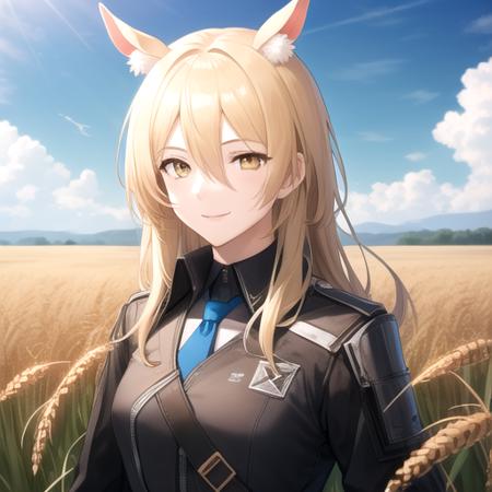 ((masterpiece)),(best quality),official art,extremely detailed CG,unity 8k wallpaper,ultra detailed,wheat field,1girl,solo,upper body,(portrait:1.2),mlynar (arknights),medium breasts,long hair,animal ear fluff,animal ears,belt,black jacket,black pants,blonde hair,blue shirt,emblem,gauntlets,hair over one eye,horse girl,horse ears,light smile,white necktie,yellow eyes,<lora:Mlynar(ark)>,