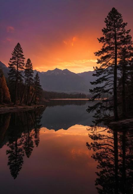 a mesmerizing sunset over a serene lake nestled amidst a mountainous landscape. The sky is ablaze with vibrant hues of orange, pink, and purple, creating a breathtaking canvas. The setting sun casts a warm, golden glow on the tranquil waters of the lake, its surface mirroring the stunning colors of the sky like a liquid mirror.
The shoreline is fringed with trees with autumn leaves, their silhouettes stark against the luminous backdrop. Tall pine trees stand tall in the foreground, their branches reaching towards the sky as if trying to touch the fiery heavens. The distant mountains, shrouded in a soft haze, provide a majestic backdrop to this picturesque scene.
The overall ambiance is one of tranquility and awe-inspiring beauty. The image captures the essence of a perfect moment in nature, where the sky, water, and land come together in harmonious splendor.
BREAK,
masterpiece, best quality, double exposure, realistic, whimsical, fantastic, intricate detailed, maximalist style, psychedelic, photorealistic, sharp focus, harmony, serenity, tranquility, halation, cozy ambient lighting, dynamic lighting, mentixis, metix, linquivera, liiv1, award winning,