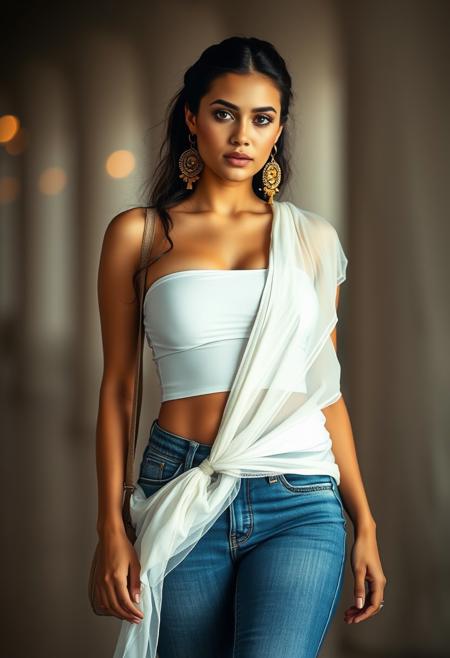 a perfect masterpiece photo, Ultra-realistic, A photogenic soft scene, a masterpiece digital photo, showing perfect sexy cute fashionable Egyptian voluptuous woman, sexy white crop top, belly button, toned abs, wide hips, white sheer silk shawl, golden earrings, tight blue jeans, shoulder bag, strapless, bare shoulders, depth of field, highly detailed, dynamic camera, maximalist background, 4k, bokeh, depth of field, masterpiece, highly detailed, maximalist, bokeh, epic scene, intense, atmospheric, depth of field, 4K art, absurdres