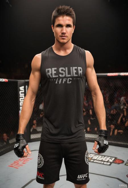 homoerotic photo of Robbie Amell a man <lora:Robbie-Amell:1>, UFC fighting ring, cocky expression, as a UFC fighter, (black muscle shirt:1.4), Venum UFC shorts, ((full body portrait)), wide angle, ((masterpiece)), natural skin, natural body muscle definitions, adobe lightroom, photolab, intricate, highly detailed, sharp focus, insane details, intricate details, hyperdetailed, low contrast, soft cinematic light, exposure blend, dim colors, dim light,  Award - winning, with Kodak Portra 800, a Hasselblad 500 ,55mm f/ 1.9 lens, extreme depth of field, available light, high contrast, Ultra HD, HDR, DTM, 8K,
