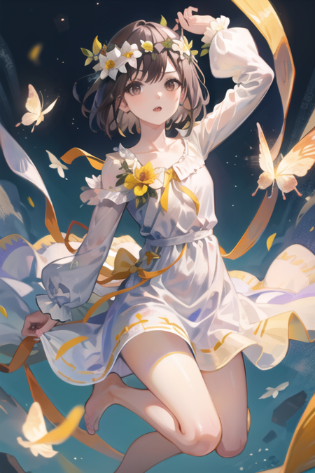 <lora:ShinonomeEna-09:0.6>shinonome ena, 1girl, solo, short hair, open mouth, brown hair, hair ornament, long sleeves, dress, ribbon, brown eyes, collarbone, flower, frills, parted lips, barefoot, hair flower, white dress, arm up, bug, looking up, white flower, butterfly, yellow ribbon, yellow flower, head wreath, orange flower, orange ribbon, flower wreath