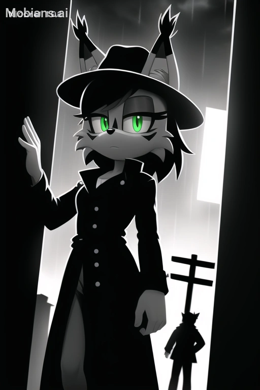 A cartoon depiction of a woman in a black coat with green eyes, standing next to a cross.