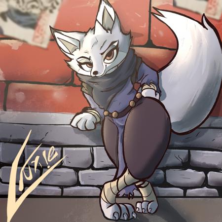 Zhen Furry Female Corsac fox Brown eyes Dark blue sweater clothing Black sweatpants Wrap Dark Blue scarf ripped