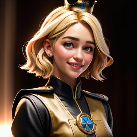 Realistic photo of a beautiful 3m1l14c-v2 woman, 1girl, solo, breasts, smile, short hair, blonde hair, viking worrior uniform, crown, leather and iron,  upper body, teeth, lips, traditional media, realistic, soft lighting, professional Photography, Photorealistic, detailed, RAW, analog, sharp focus, 8k, HD, DSLR, high quality, Fujifilm XT3, film grain, award winning, masterpiece<lora:3m1l14c-v2:1.0>