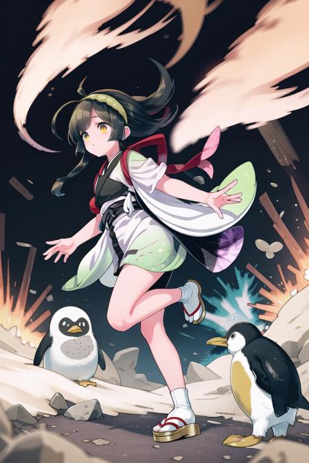 <lora:zunko7:1>, short kimono, muneate, sandals, long hair, ahoge, hairband, run, explosion, penguins