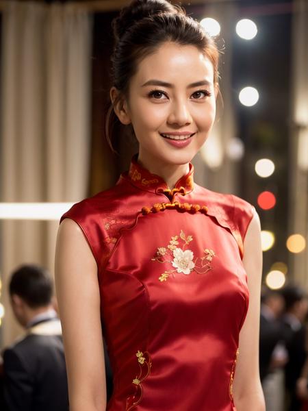 1girl,(wearing  cheongsam:1.4), hair bun,(RAW photo, best quality), (realistic, photo-realistic:1.4), masterpiece, an extremely delicate and beautiful, extremely detailed, 2k wallpaper, Amazing, finely detail, extremely detailed CG unity 8k wallpaper, ultra-detailed, highres, soft light, beautiful detailed girl, extremely detailed eyes and face, beautiful detailed nose, beautiful detailed eyes,cinematic lighting,city lights at night,perfect anatomy,slender body,smiling<lora:Gaoyuanyuan_v12:0.8>