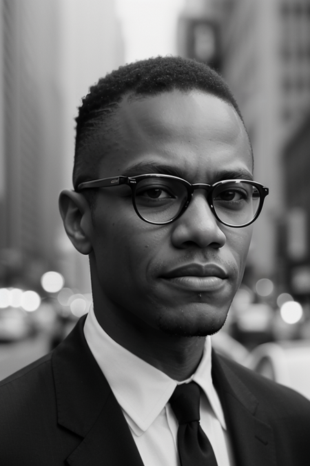 MalcolmX, 40 years old, photography by (Rodney Smith:1.3), ((upper body focus)), 1962, Nation of Islam, crowded civil rights street protest, (buttoned black suit jacket, white shirt, skinny black tie:1.3)), (facing viewer, busy Manhattan sidewalk, looking at viewer, blurry background, bokeh, ID photo:1.3), serious look, eyeglasses, high-grain black and white film, Leica M3, Kodak Tri-X 400, 50mm, f/2, 1/500, high-contrast development, slight motion blur for dynamic effect