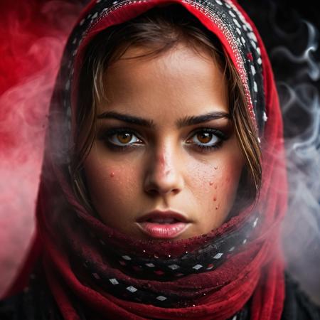 palestine_keffiyeh perfect studio photo,  girl warrior, face dirty, drops of red liquid flowing down, very expressive brown eyes, bokeh, f1.2, fog and smoke in the background, Kristina pimenova face,professional light, professional studio photo black background<lora:Palestine_keffiyeh_SDXL:0.7>