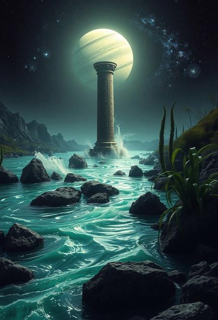 A river stretches out with its green blue surface rippled from a strong wind that blows. From it's surface jagged rocks protrude randomly , the fast flowing water rising over them in a rainbow spray. In the centre, a column etched with alien symbols dominates the scene. Behind it a bright, ringed planet illuminates the scene, while the Inky black sky reveals shimmering galactic nebula. On the riverbank, tall alien plants add an otherworldly atmosphere to the stark, rugged landscape.