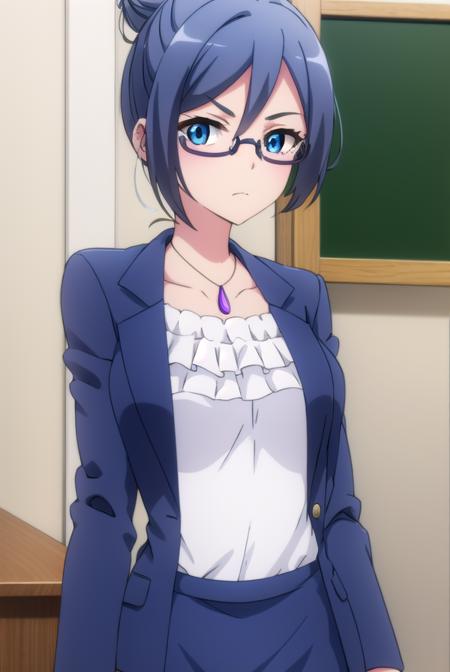 beatriceroegner, <lora:beatrice roegner s2-lora-nochekaiser:1>,
beatrice roegner, short hair, blue eyes, blue hair, glasses, hair bun, single hair bun, semi-rimless eyewear,
BREAK skirt, shirt, jewelry, collarbone, jacket, white shirt, pantyhose, necklace, blue skirt, black pantyhose, formal, single hair bun, suit, blue jacket, pencil skirt, teacher, skirt suit,
BREAK indoors, classroom,
BREAK looking at viewer,
BREAK <lyco:GoodHands-beta2:1>, (masterpiece:1.2), best quality, high resolution, unity 8k wallpaper, (illustration:0.8), (beautiful detailed eyes:1.6), extremely detailed face, perfect lighting, extremely detailed CG, (perfect hands, perfect anatomy),