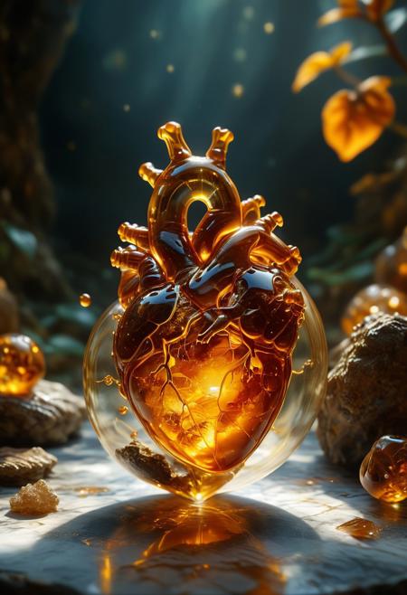 improved cinematic photo, 35mm photograph, film, professional, 4k, highly detailed,
An amber fragment enclosing a Human Heart,
The amber fragment is a smooth, slightly irregular sphere, roughly the size of a marble, with a warm golden-brown hue. Its surface is polished, gleaming softly under light, revealing a mesmerizing play of golden, honey, and orange tones. Tiny air bubbles and organic inclusions are scattered throughout, lending it a sense of antiquity and natural complexity.
Inside, a perfectly preserved Human Heart lies suspended in time, its delicate body encased in the translucent amber.
Around the Human Heart, subtle striations and minute organic fragments, possibly plant material or dust, create a vignette that frames the insect. The amber’s clarity varies in places, with some sections slightly cloudy, further accentuating the Human Heart as the focal point. The fragment feels timeless, a tiny time capsule offering a glimpse into a prehistoric world millions of years ago