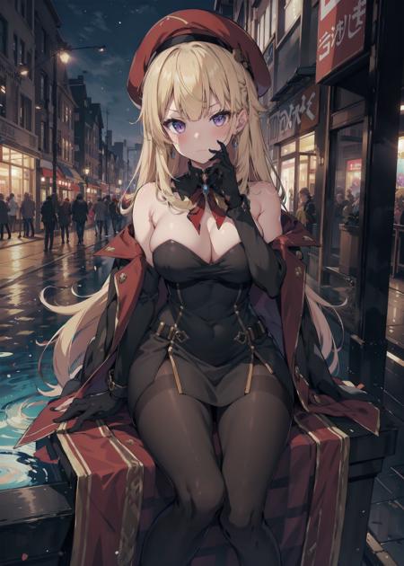 masterpiece, best quality, 1girl, solo, long hair, bangs, purple eyes, blonde hair, very long hair, dusk, blush, serious, serious expression,
arm support, bare shoulders, sitting, city, cityscape, fountain, fantasy,
gloves, long sleeves, hat, dress, cleavage, jewelry, closed mouth, jacket, pantyhose, earrings, black gloves, black dress, coat, black pantyhose, beret, short dress, red headwear, brown pantyhose, coat on shoulders,
 <lora:gambler_SD1_5v:0.65>